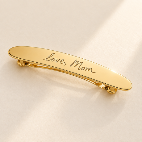 Custom Handwriting Hair Barrette hero photo - gold handwriting hair barrette on cream background Anthology Jewelry