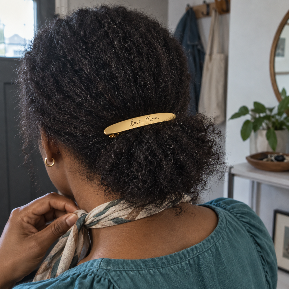 Custom Handwriting Hair Barrette lifestyle photo - woman wearing gold handwriting barrette in updo hairstyle Anthology Jewelry