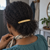 Custom Handwriting Hair Barrette lifestyle photo - woman wearing gold handwriting barrette in updo hairstyle Anthology Jewelry