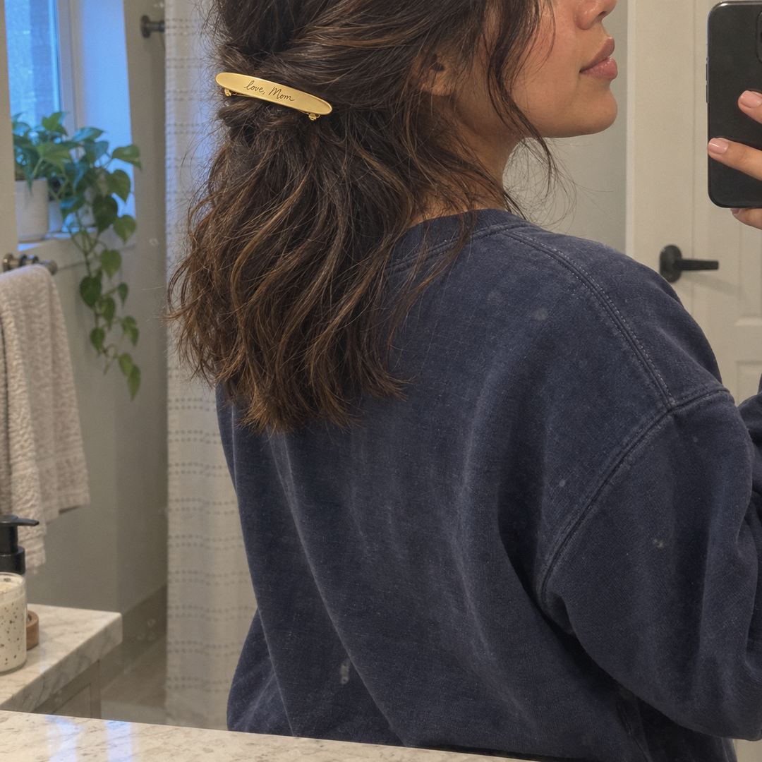 Custom Handwriting Hair Barrette UGC photo - candid mirror selfie wearing gold handwriting barrette in bathroom Anthology Jewelry
