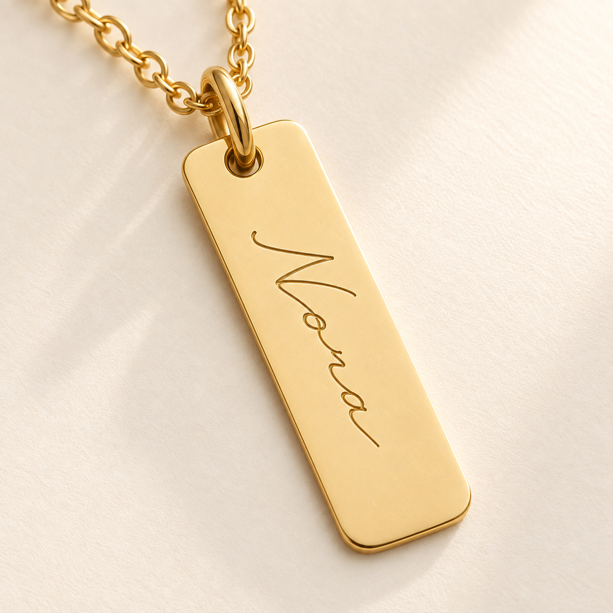 Custom Handwriting ID Necklace detail photo - macro of handwriting and top-hole connection Anthology Jewelry