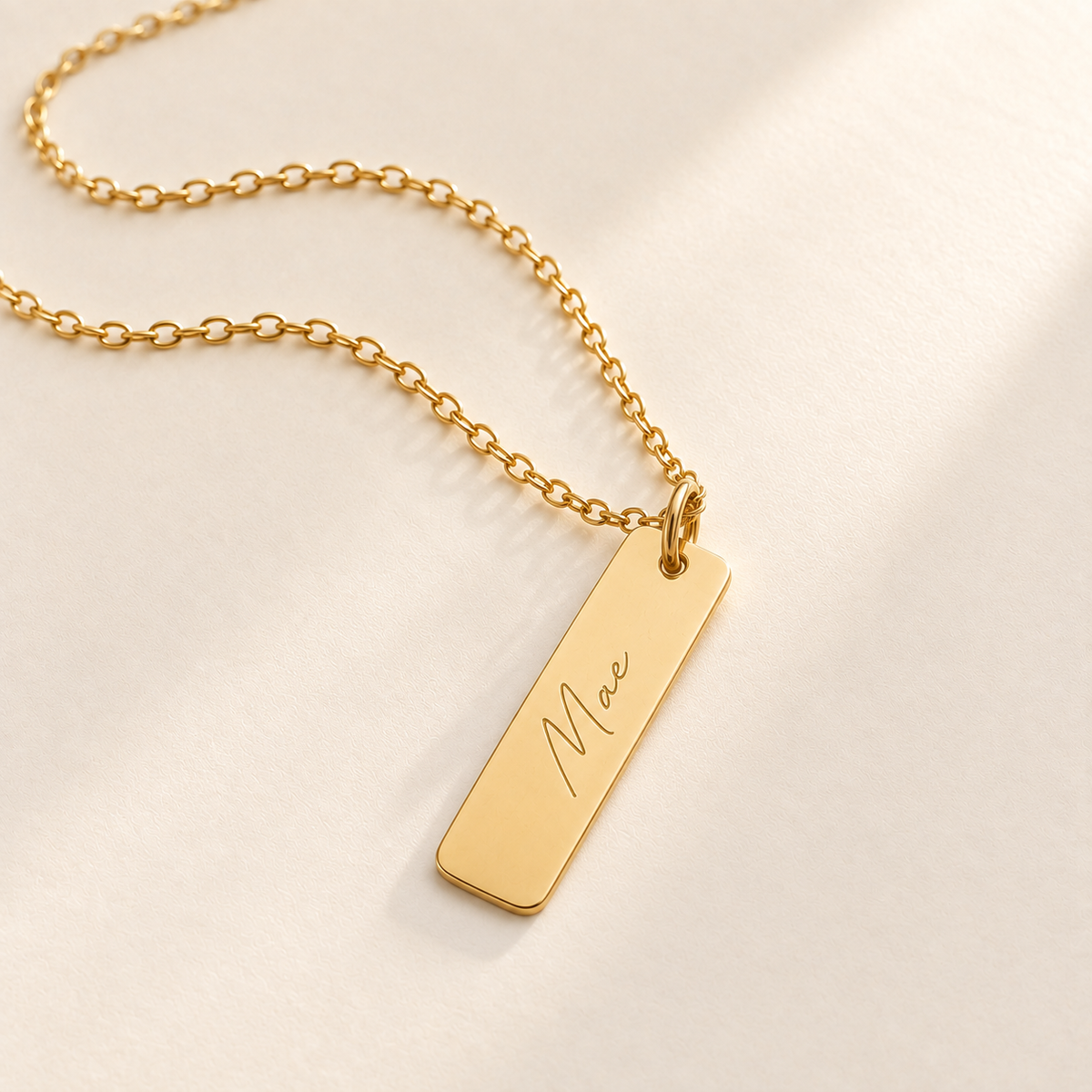 Custom Handwriting ID Necklace glamour photo - gold ID pendant with a different handwriting example Anthology Jewelry