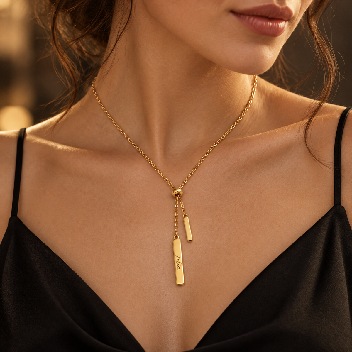 Custom Handwriting Lariat Necklace lifestyle 2 photo - gold lariat worn with black dress Anthology Jewelry