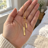 Custom Handwriting Lariat Necklace ugc 2 photo - gold lariat held in hand Anthology Jewelry