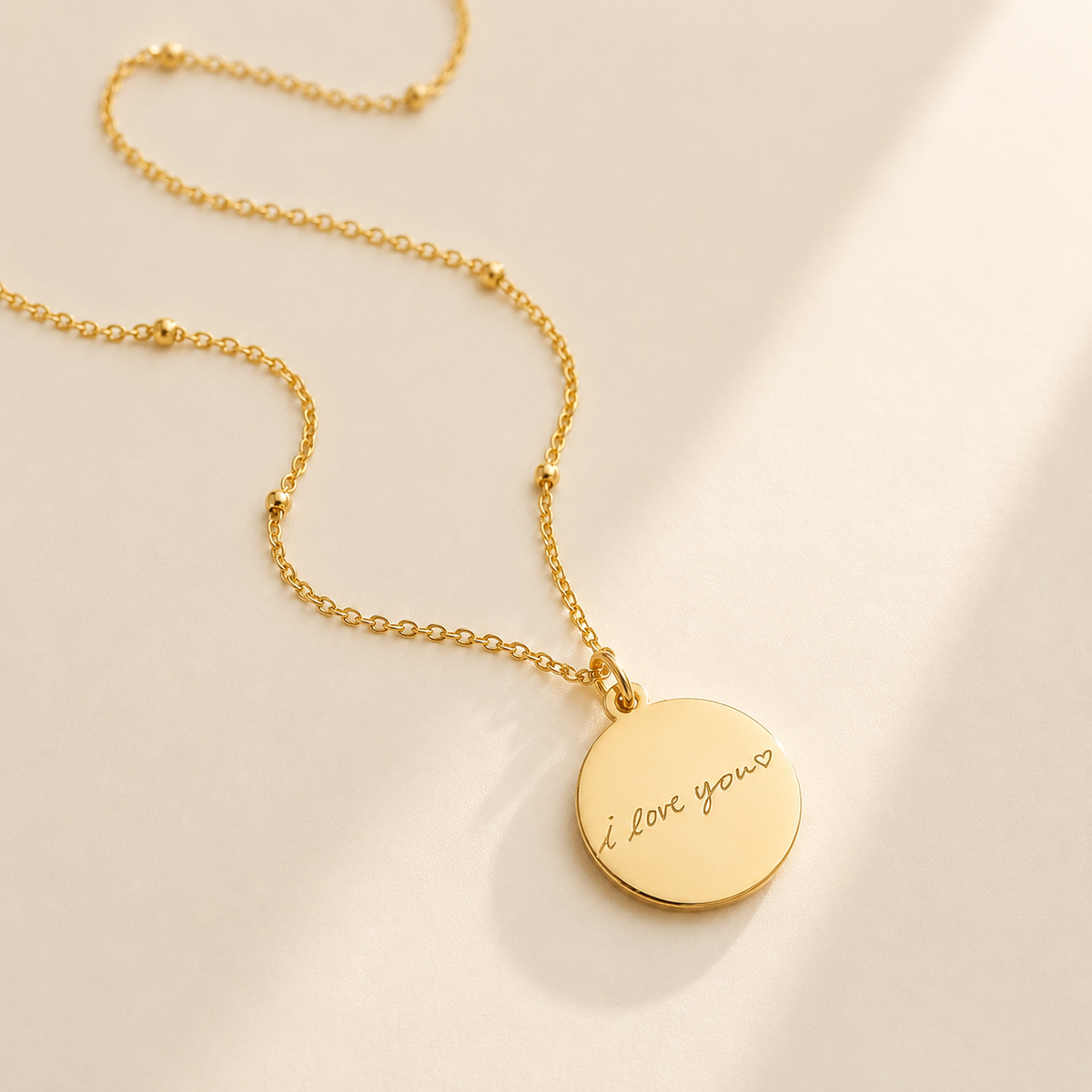 Custom Handwriting Necklace Disc Pendant lifestyle photo - personalized signature necklace Anthology Jewelry