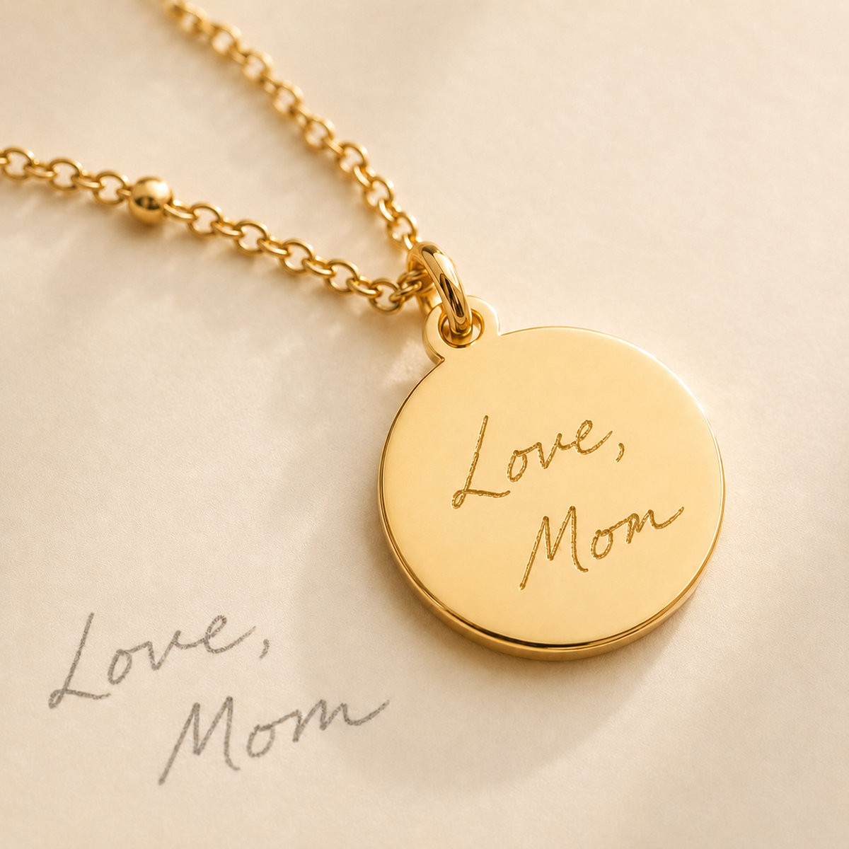 Custom Handwriting Necklace Disc Pendant worn lifestyle photo - personalized signature necklace Anthology Jewelry