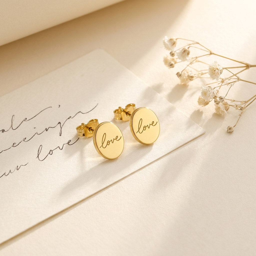 Custom Handwriting Oval Stud Earrings glamour photo - gold handwritten oval studs on a handwritten note card Anthology Jewelry