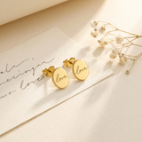 Custom Handwriting Oval Stud Earrings glamour photo - gold handwritten oval studs on a handwritten note card Anthology Jewelry