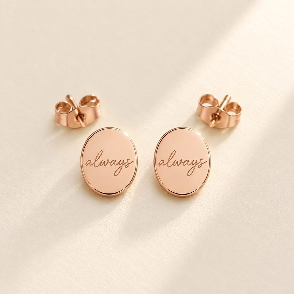Custom Handwriting Oval Stud Earrings hero photo - rose gold oval handwritten studs Anthology Jewelry