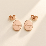 Custom Handwriting Oval Stud Earrings hero photo - rose gold oval handwritten studs Anthology Jewelry