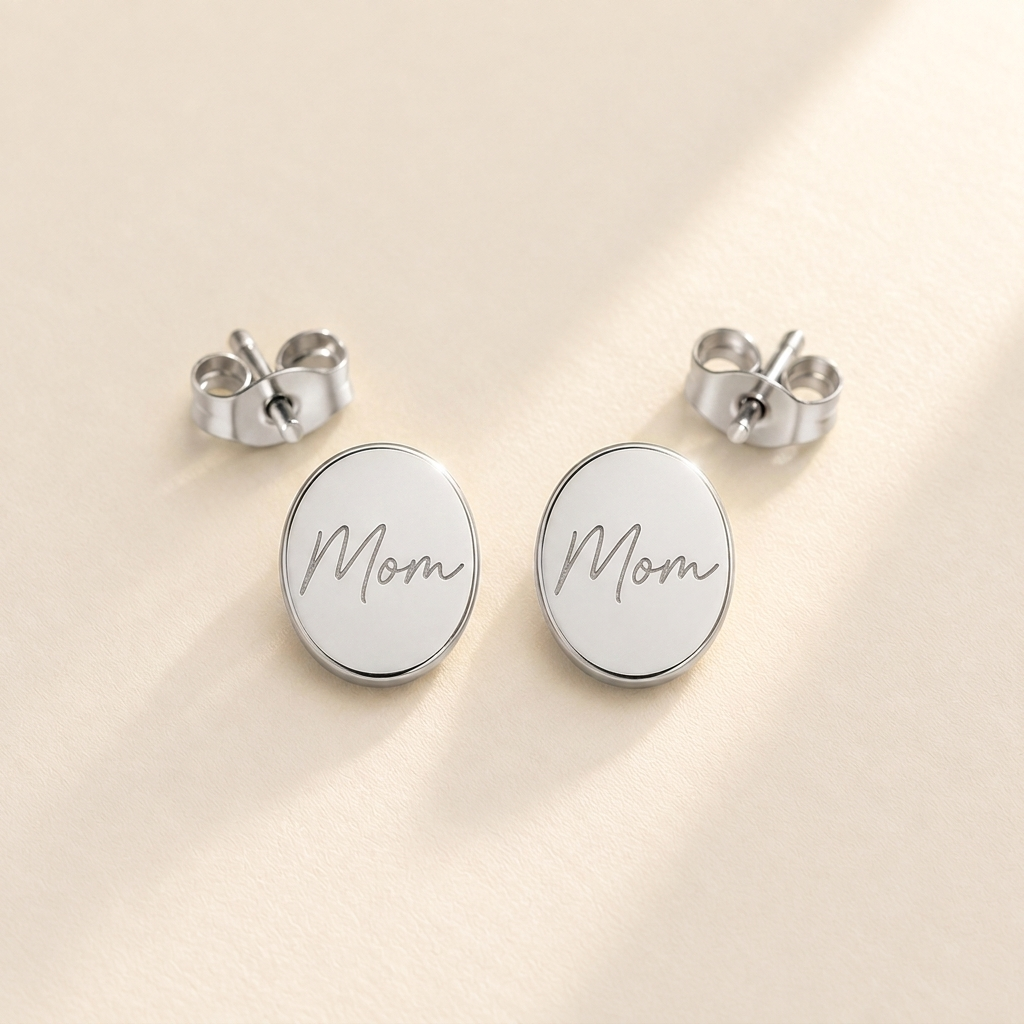 Custom Handwriting Oval Stud Earrings hero photo - sterling silver oval handwritten studs Anthology Jewelry