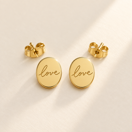 Custom Handwriting Oval Stud Earrings hero photo - gold oval handwritten studs Anthology Jewelry