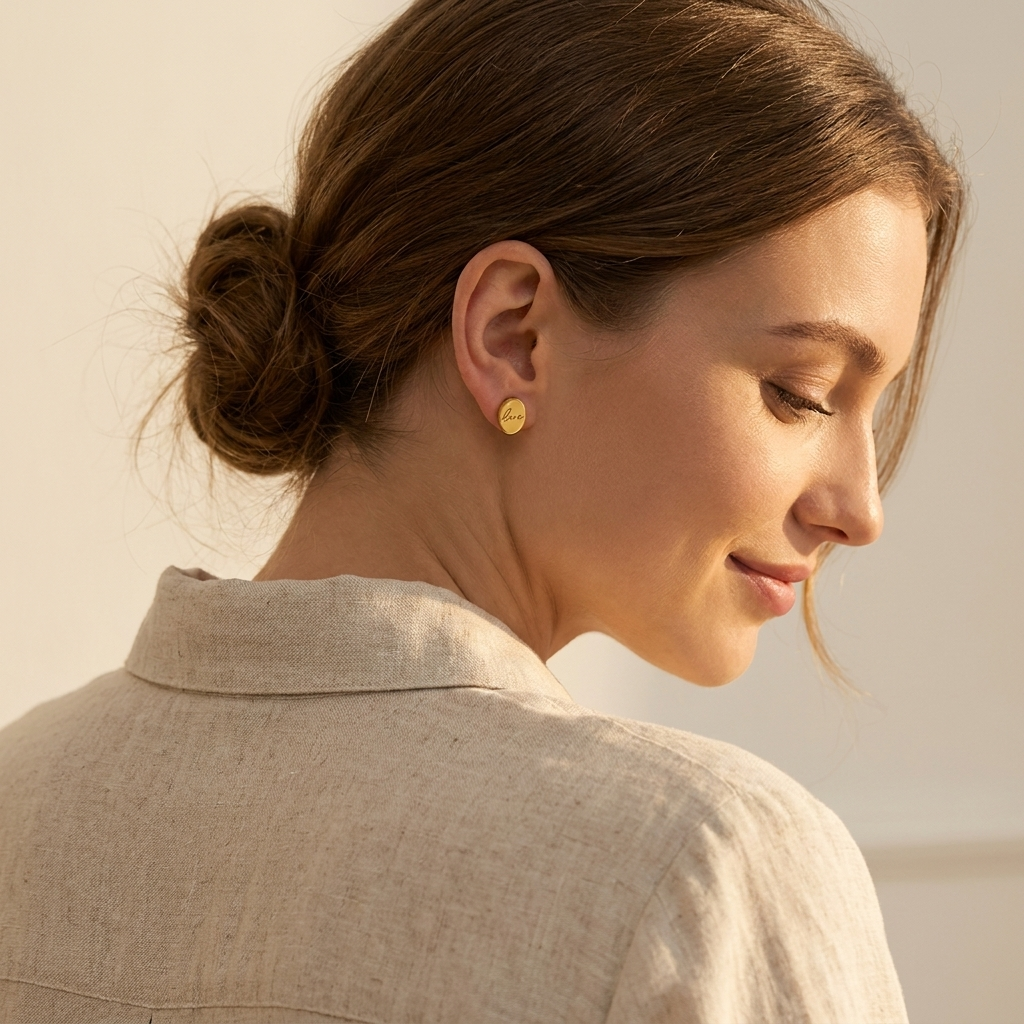 Custom Handwriting Oval Stud Earrings lifestyle photo - woman with low bun wearing gold handwritten oval studs Anthology Jewelry
