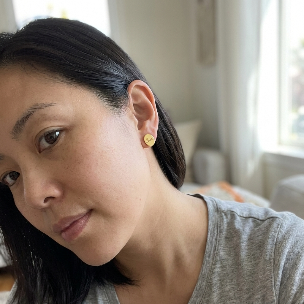 Custom Handwriting Oval Stud Earrings UGC photo - selfie wearing gold handwritten oval stud Anthology Jewelry