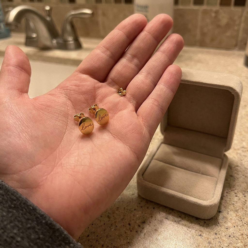 Custom Handwriting Oval Stud Earrings UGC photo - pair of gold handwritten oval studs in hand beside jewelry box Anthology Jewelry