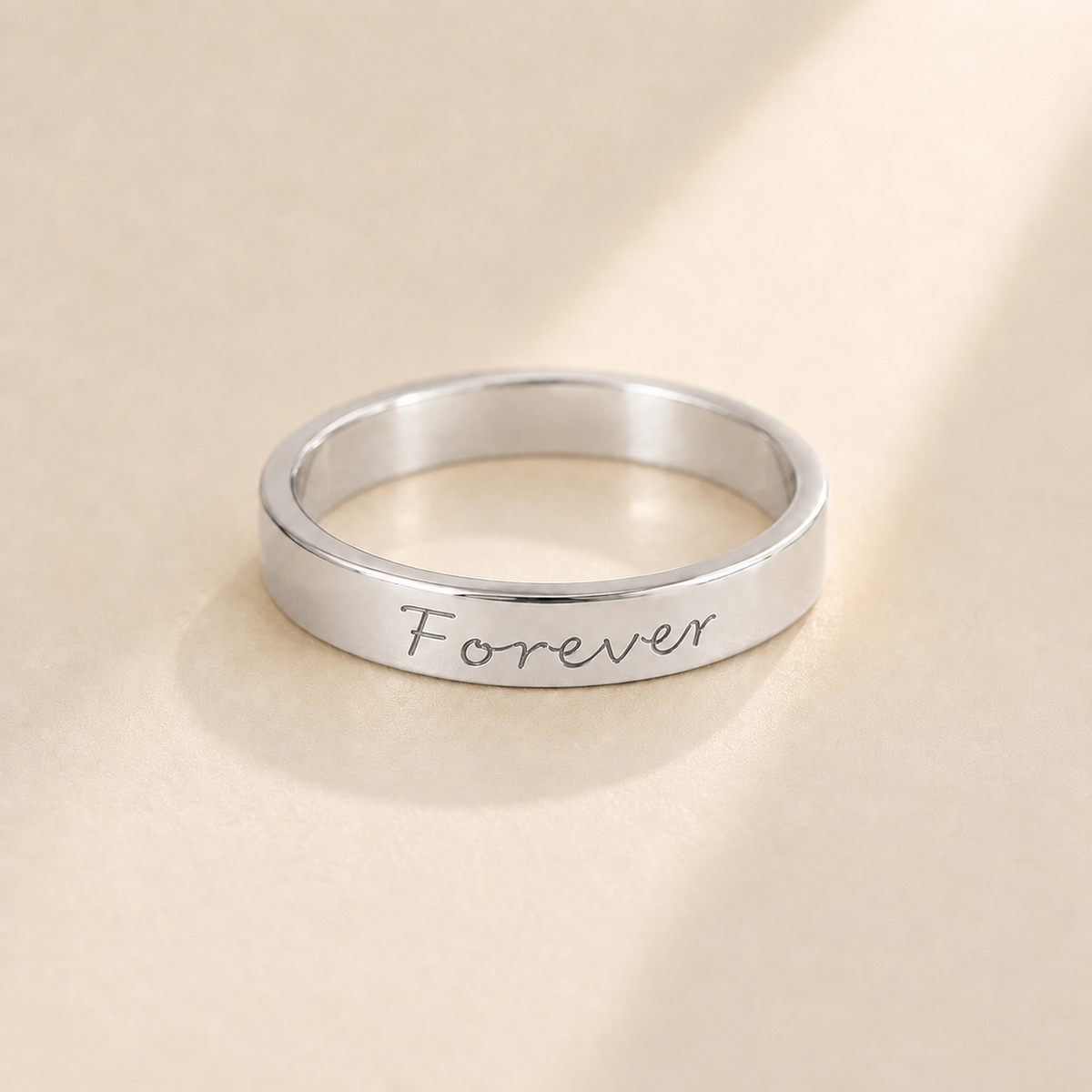 Custom Handwriting Ring 4mm Flat Band close up detail - personalized signature ring Anthology Jewelry