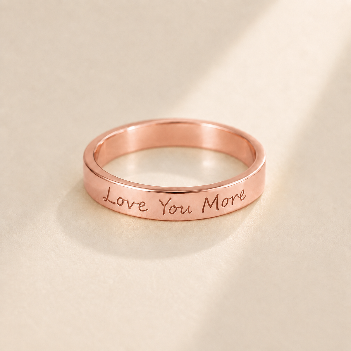 Custom Handwriting Ring 4mm Flat Band alternate angle detail - personalized signature ring Anthology Jewelry