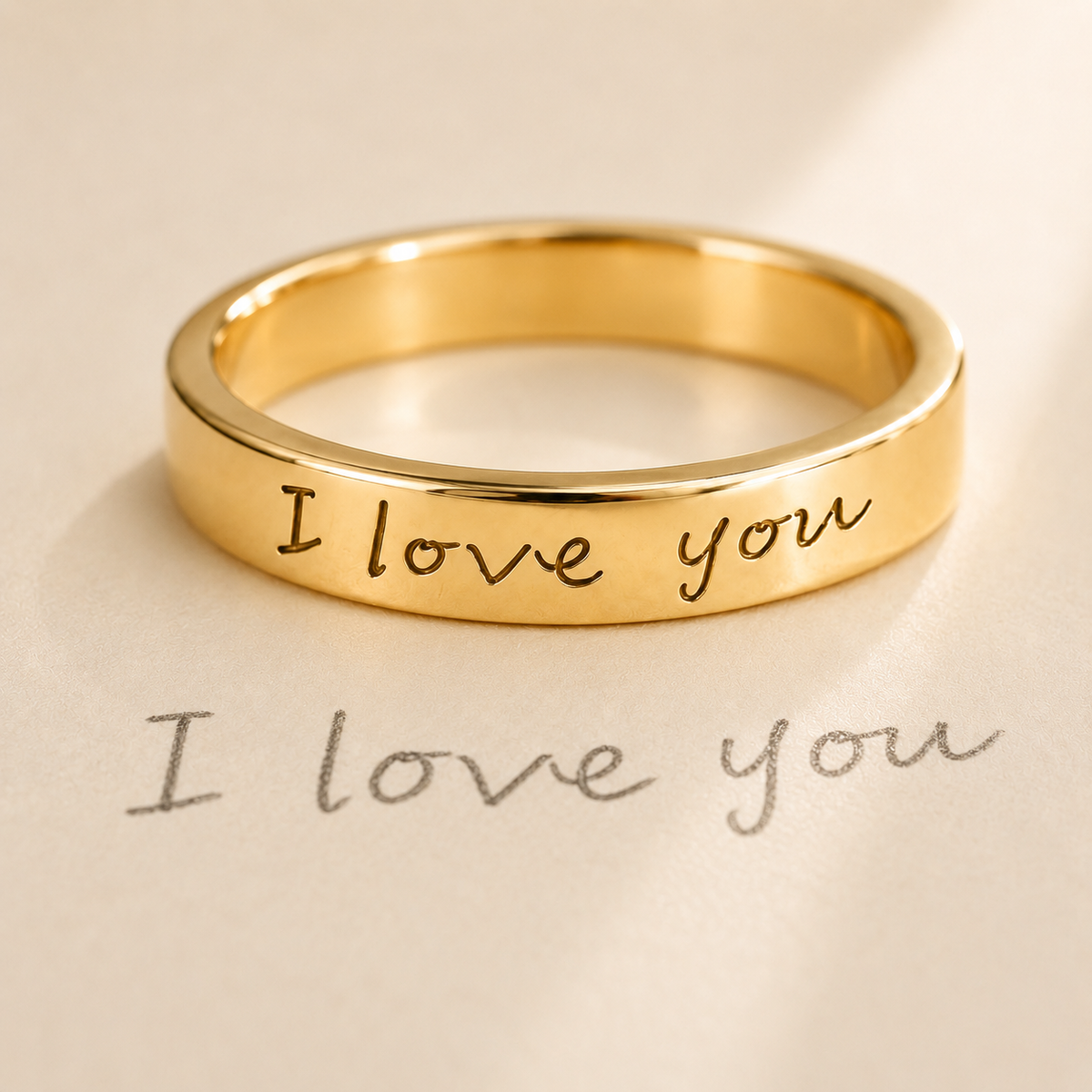 Custom Handwriting Ring 4mm Flat Band worn lifestyle photo - personalized signature ring Anthology Jewelry