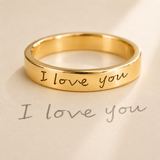 Custom Handwriting Ring 4mm Flat Band worn lifestyle photo - personalized signature ring Anthology Jewelry