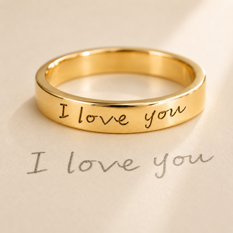 Custom Handwriting Ring 4mm Flat Band worn lifestyle photo - personalized signature ring Anthology Jewelry