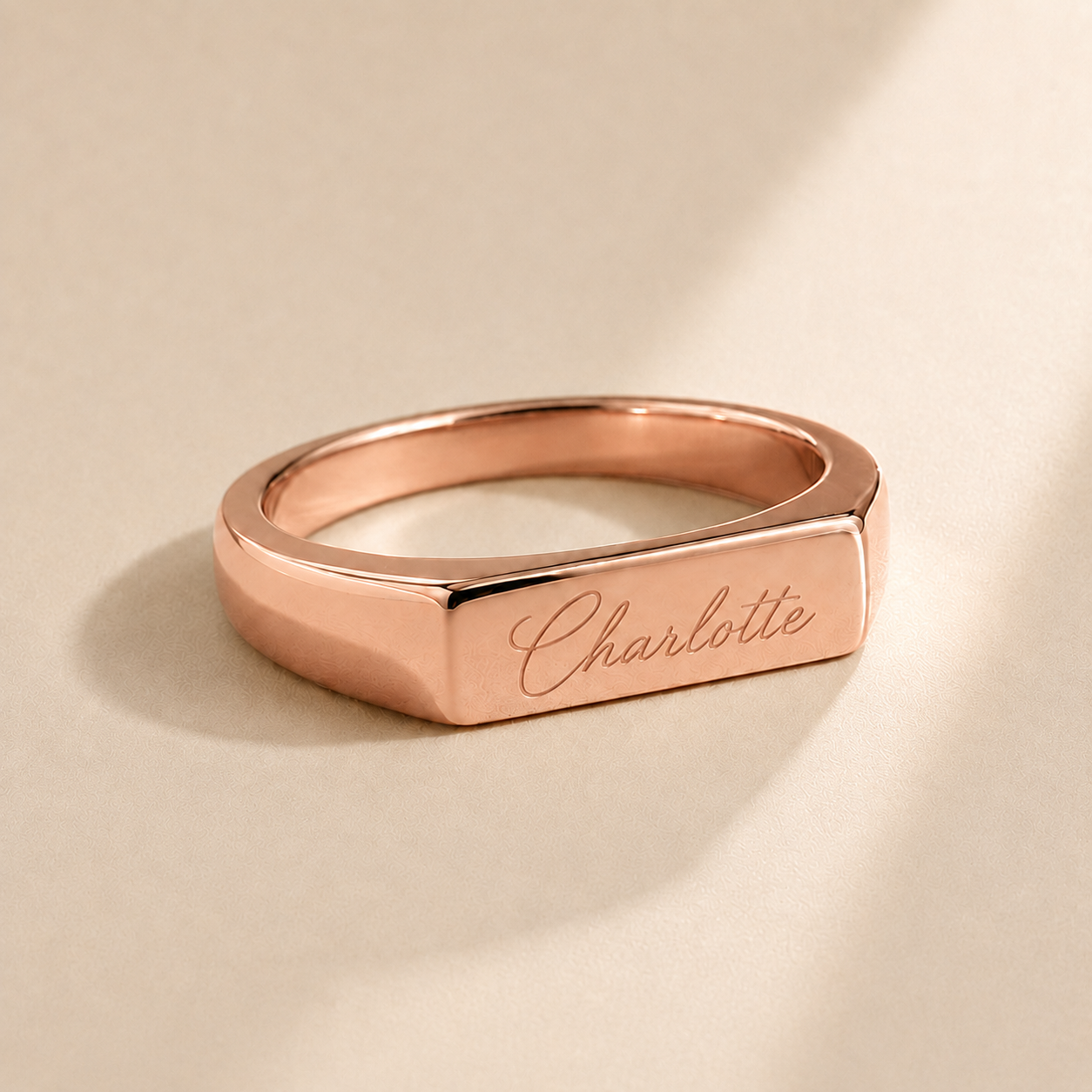 Custom Handwriting Signet Ring detail photo - alternate angle of engraved handwriting signet Anthology Jewelry