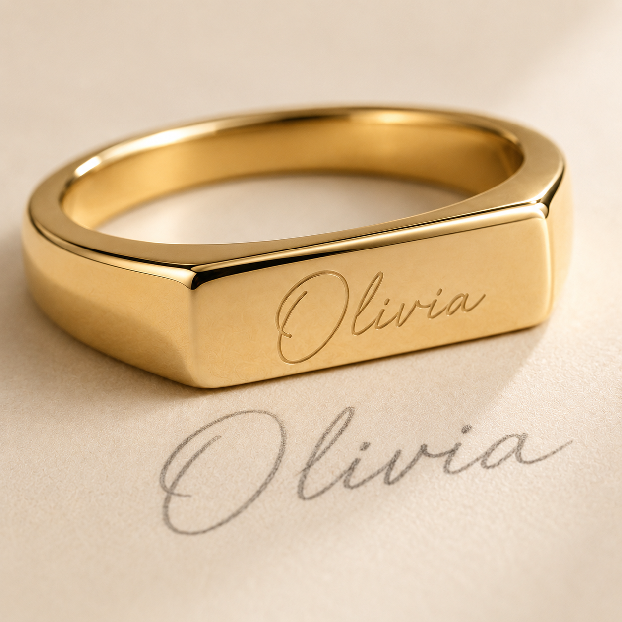 Custom Handwriting Signet Ring worn lifestyle photo - personalized handwriting signet ring Anthology Jewelry