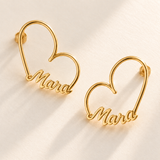 Custom Heart-Frame Name Stud Earrings close product detail of the open heart wire and Mara name - Anthology Jewelry