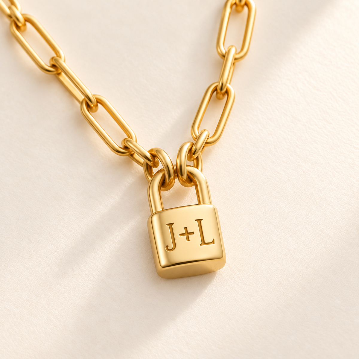 Custom Initial Lock Necklace detail 1 photo - tiny closed padlock on paperclip chain Anthology Jewelry