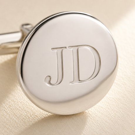 Custom Initials Cufflinks close up detail - engraved initials cufflink Anthology Jewelry