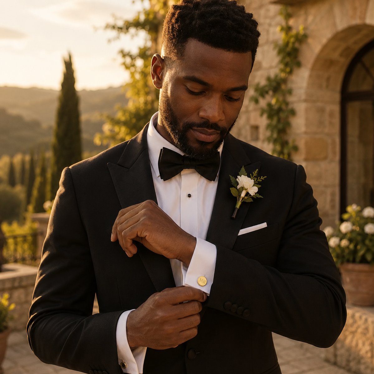 Custom Initials Cufflinks lifestyle photo - groom wearing engraved gold initials cufflinks Anthology Jewelry