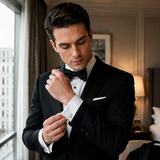Custom Initials Cufflinks lifestyle photo - man wearing engraved silver initials cufflink Anthology Jewelry