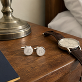 Custom Initials Cufflinks UGC photo - engraved silver initials cufflinks displayed with watch Anthology Jewelry