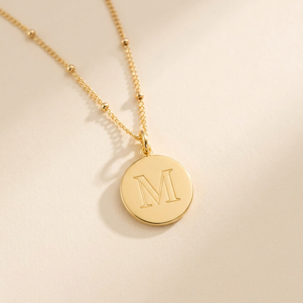 Custom Initials Necklace hero photo - gold engraved initial disc pendant on cream background Anthology Jewelry