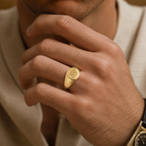 Custom initials ring signet style worn by model in gold - personalized signet ring Anthology Jewelry
