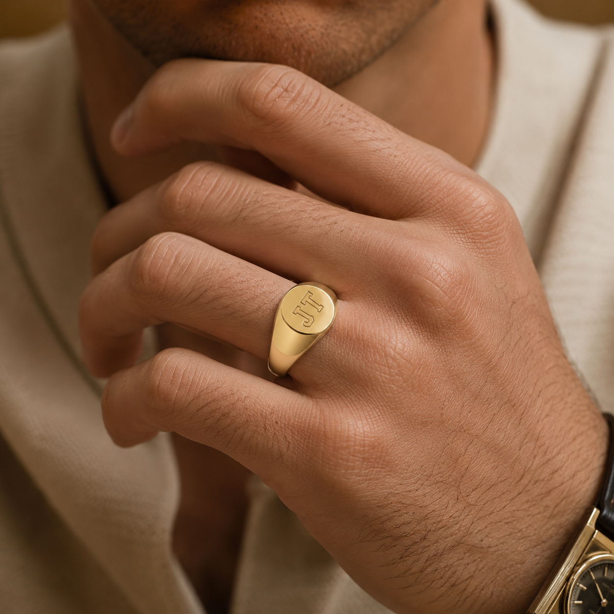 Custom initials ring signet style worn by model in gold - personalized signet ring Anthology Jewelry