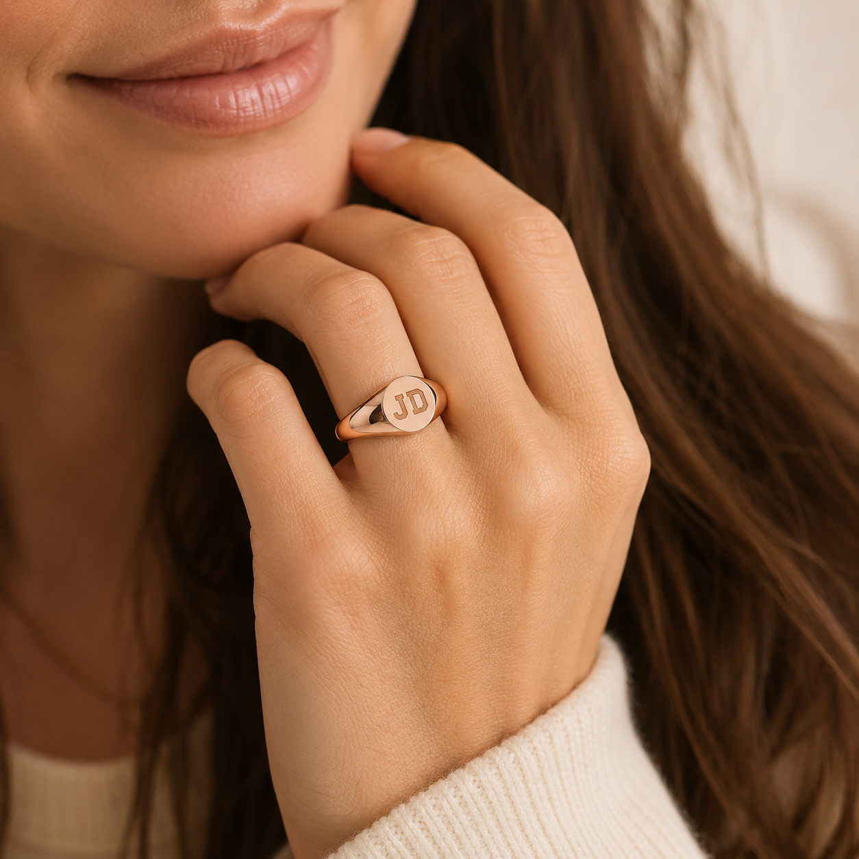 Custom initials ring signet style worn by model - personalized engraved ring Anthology Jewelry