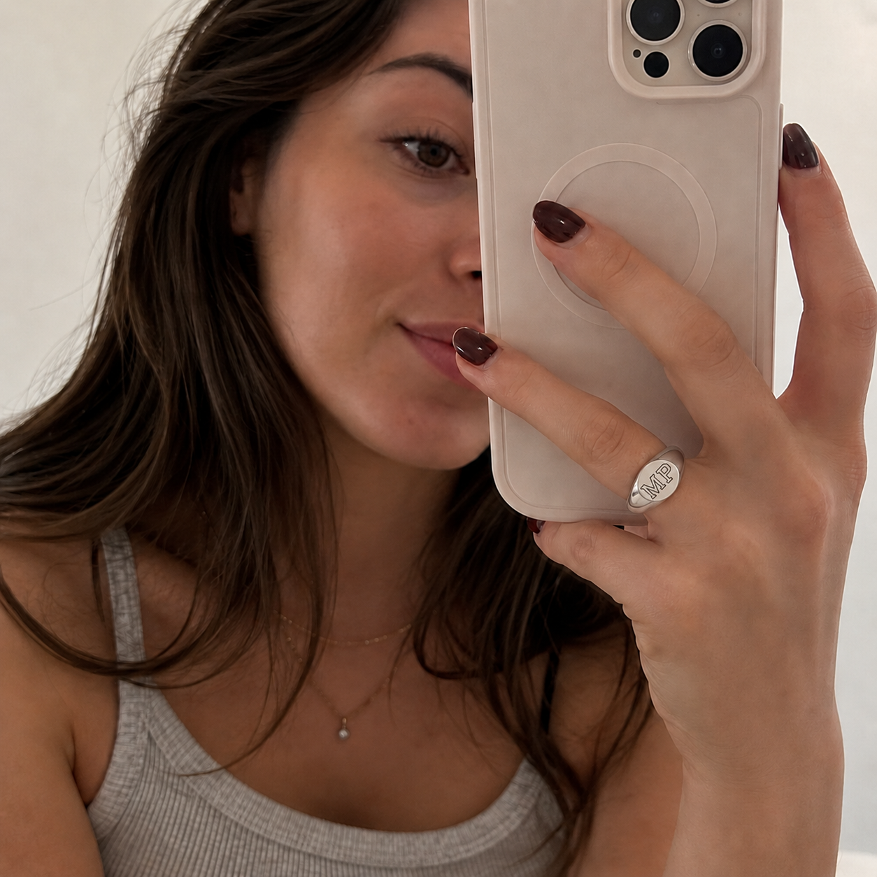 Custom initials ring signet style selfie lifestyle photo - personalized ring Anthology Jewelry