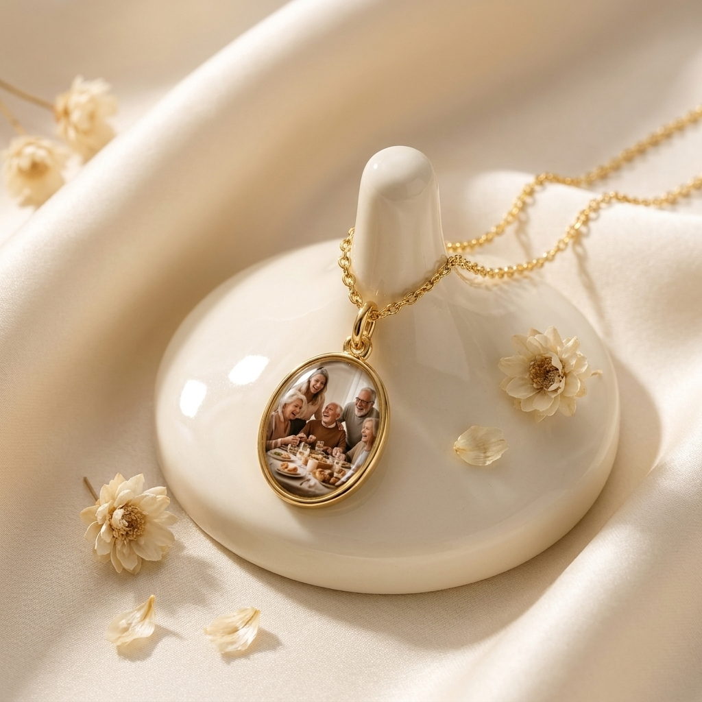 Custom Keepsake Oval Photo Necklace glamour photo - gold oval photo pendant styled on cream surface Anthology Jewelry
