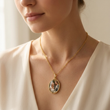 Custom Keepsake Oval Photo Necklace lifestyle photo - woman wearing gold oval photo pendant necklace Anthology Jewelry