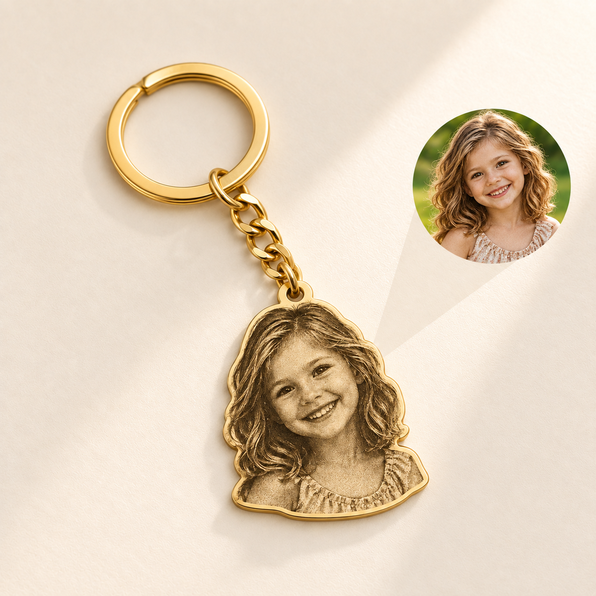 Custom Laser-Cut Portrait Keychain hero photo - gold engraved child portrait with circular source-photo inset on pale ivory Anthology Jewelry