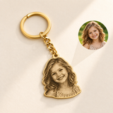 Custom Laser-Cut Portrait Keychain hero photo - gold engraved child portrait with circular source-photo inset on pale ivory Anthology Jewelry