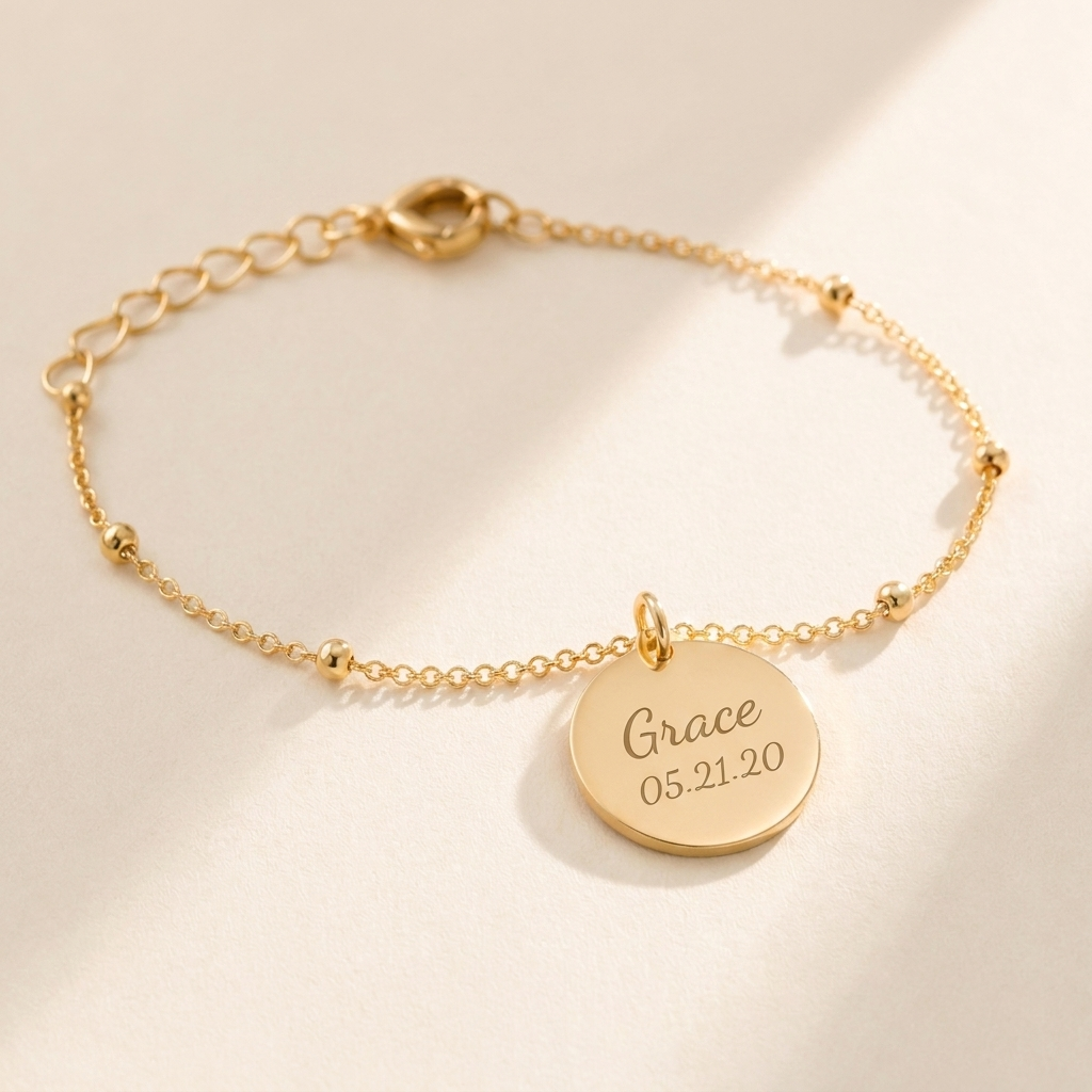 Custom Memorial Bracelet hero photo - gold engraved name and date disc bracelet on cream background Anthology Jewelry