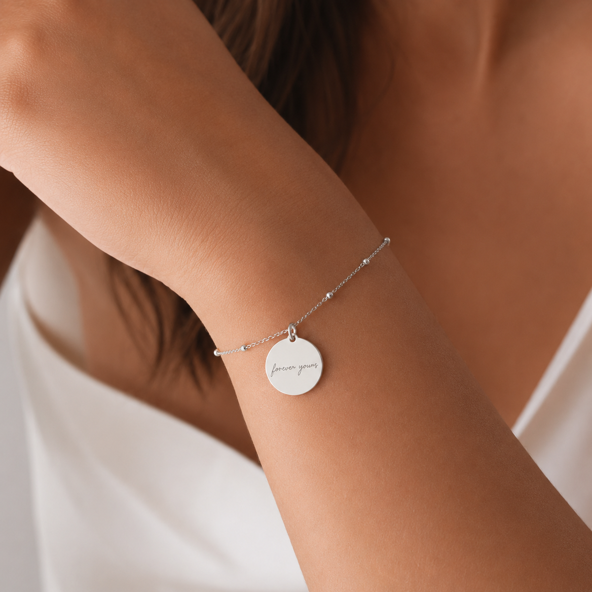 Custom Memorial Bracelet, silver finish, closeup lifestyle shot