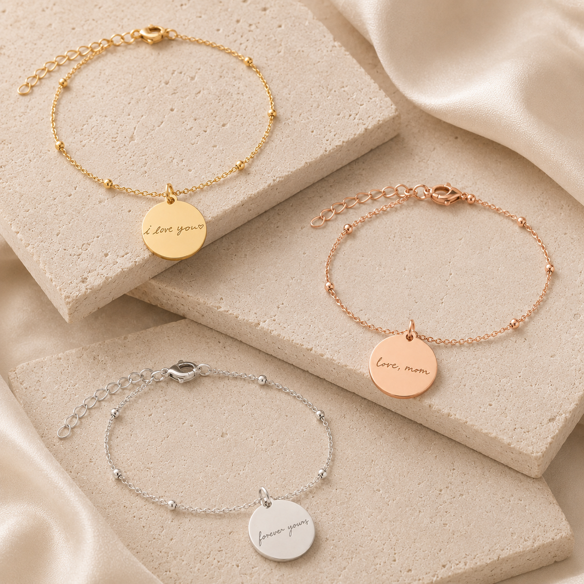 Custom Memorial Bracelet in gold, silver, and rose gold finishes