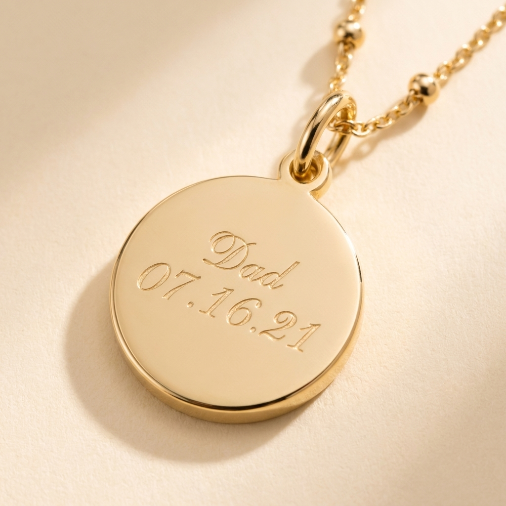 Custom Memorial Necklace detail photo - close-up of engraved name and date on gold disc Anthology Jewelry