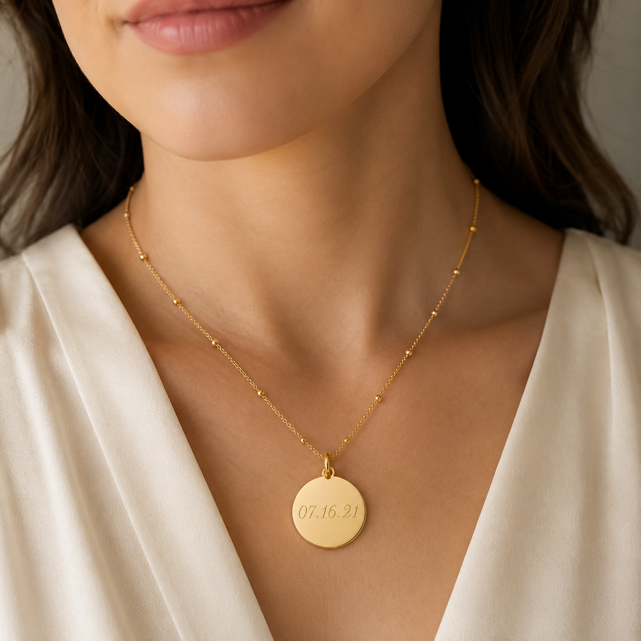 Custom Memorial Necklace engraving closeup, gold finish