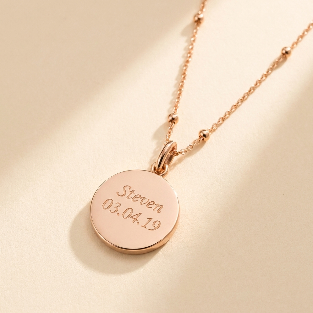 Custom Memorial Necklace hero photo - rose gold disc pendant engraved with a name and date on cream background Anthology Jewelry