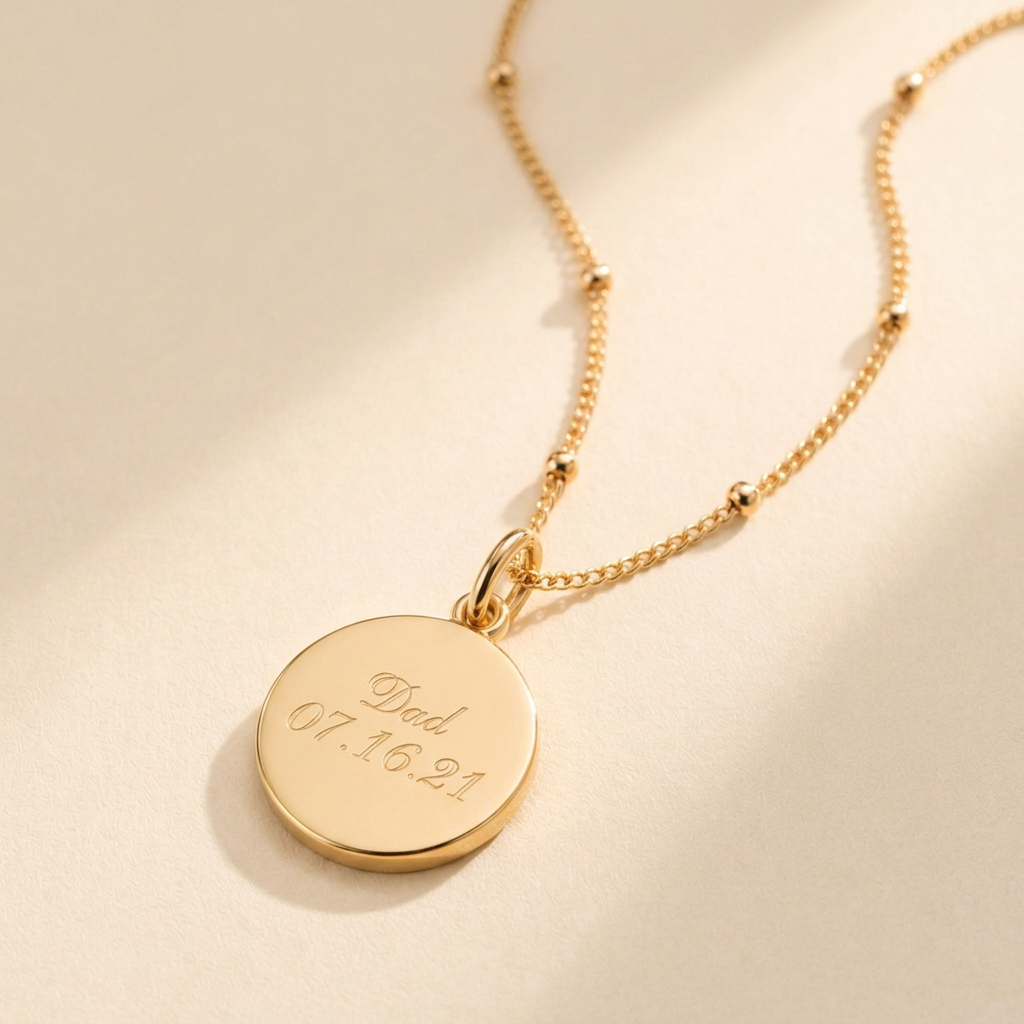 Custom Memorial Necklace hero photo - gold engraved name and date disc pendant on cream background Anthology Jewelry