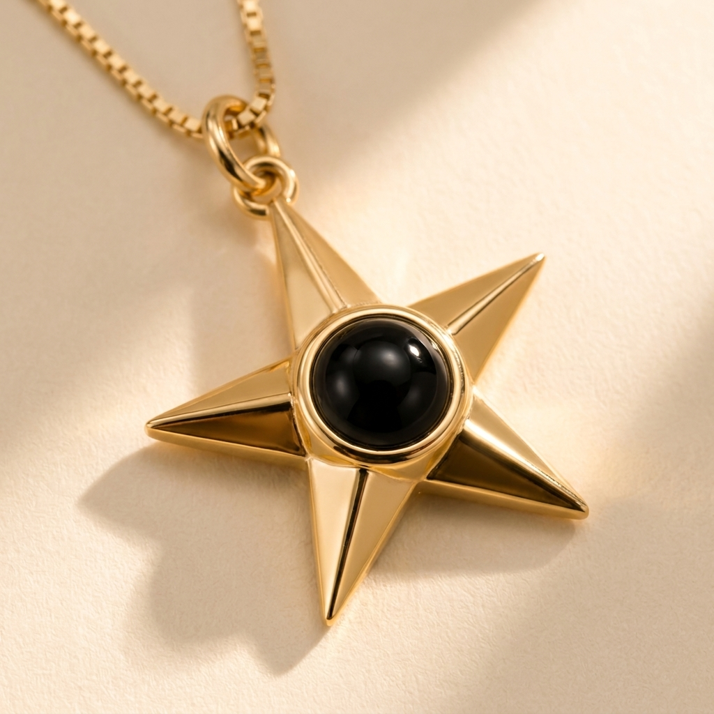 Custom Memorial Star Necklace detail photo - close-up of faceted gold star and black projection stone Anthology Jewelry