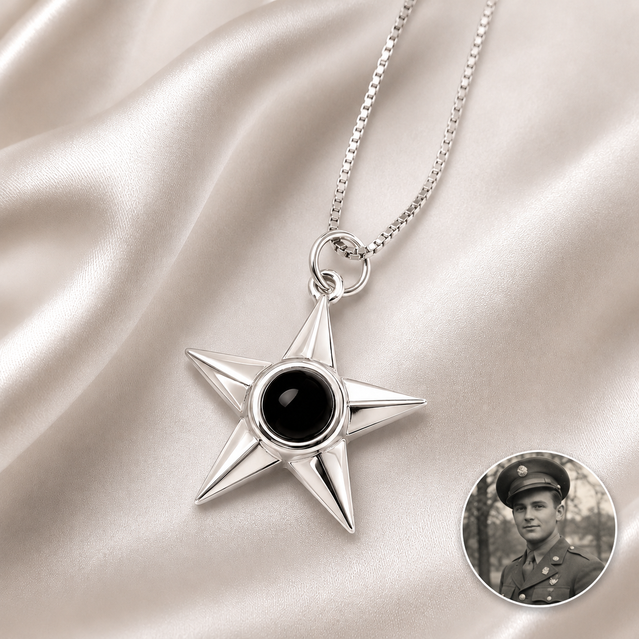 Memorial star necklace close up - personalized military photo pendant Anthology